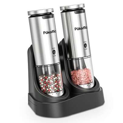 SUSTEAS Sea Salt And Pepper Grinder, Rechargeable With Charging Base, Set Of 2, Can Be Operated With One Hand, 6 Selectable Grind Settings, Kitchen Seasoning,304 Stainless Steel