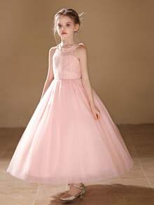 Girls' Long Tulle Skirt With Big Bow, Pink, Suitable For Wedding, Party - Pink - View 5