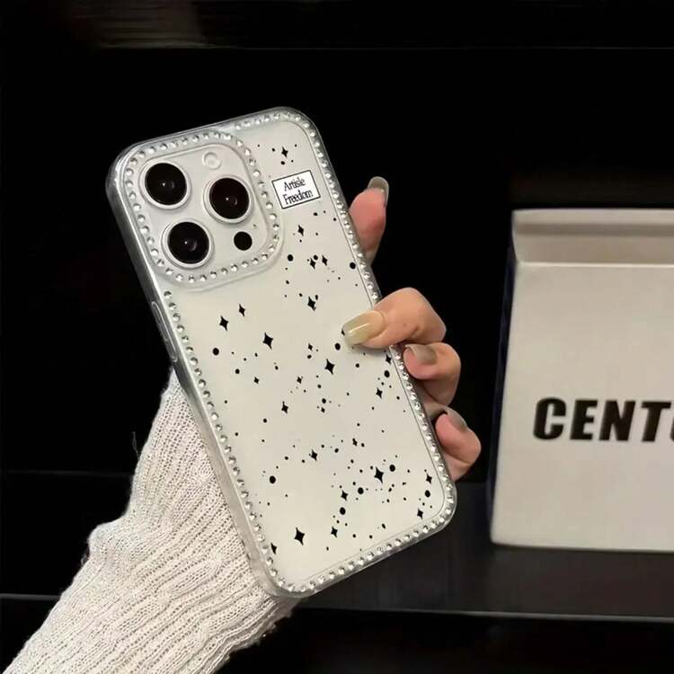 Funda para chicas estilo Y2K, adornada con lujosos brillantes de imitación y bordado de estrellas. Compatible con los modelos 16, 15, 14 y 13 Pro. Incluye un acabado láser brillante. - transparente - Añade 3