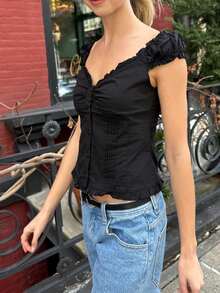 Women's Button Down Tops Fashion Cap Sleeve Solid Color Slim Fit Frill T-Shirts Summer Blouses - Black - View 6