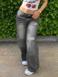 Women Casual Washed Straight Leg Low Rise Baggy Ripped Jeans - Grey - View 4