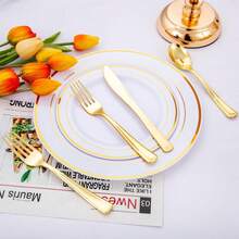 30pcs Gold Plated Flatware Set, 10-Person Setting, Includes Spoons, Forks, Knives, Suitable For Kitchen, Home, Dining Room, Shiny Gold Polished Heavy Duty Cutlery Set For Dining, Party, Dinner, Wedding - Gold - View 6