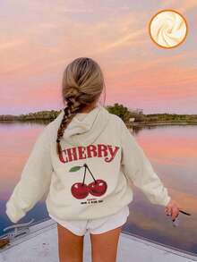 一件少女樱桃印花套头卫衣，休闲宽松版型，保暖内衬，适合学生和年轻人，秋冬季穿着。 - 杏色 - 查看 7