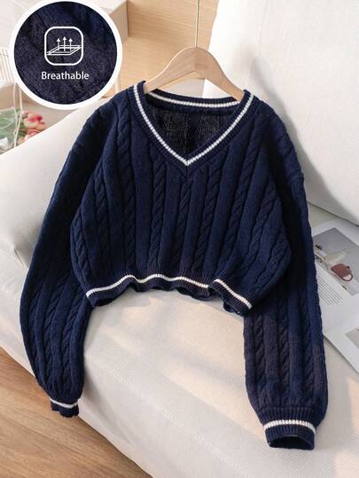 女童纯色短款毛衣，麻花针织套头衫，适合日常、度假、春季、秋季、冬季