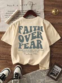 180g Faith Over Fear Christian Graphic-Shirt |   Women's Casual Vacation Bible Verse Tee |   Summer Round Neck Short Sleeve Top Summer-Shirt Women Casual Loose Top Letter Print Tee - 杏色 - 查看 2