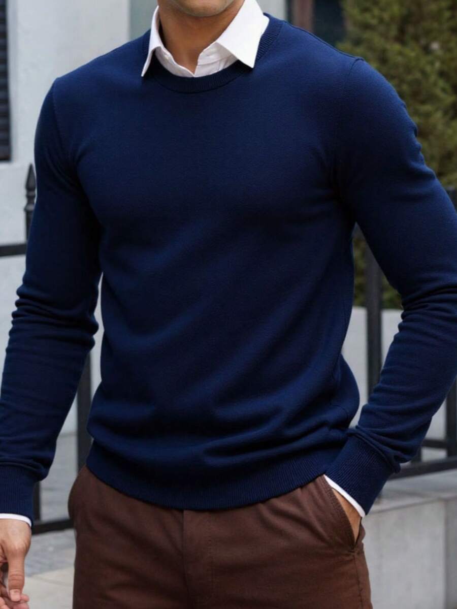Men's Crew Neck Sweater Soft Casual Sweaters For Men Classic Pullover Sweaters With Ribbing Edge - Dark Blue - View 1
