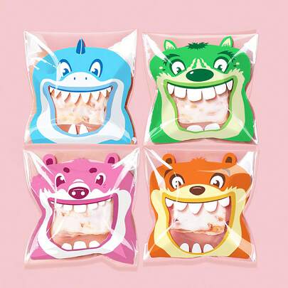 100 个卡通派对礼品烘焙包装自粘袋，密封糖果、糖果、饼干零食袋，用于烘焙饼干、巧克力、零食、甜点自制工艺品、透明自粘面包袋、派对用品烘焙派对礼品袋、婚礼派对礼品袋、节日礼品袋、厨房小工具