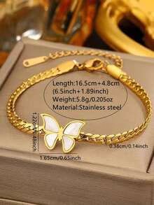 RAYQUEEN 1 pieza Conjunto de collar y pulsera de metal minimalista de alta calidad con mariposa blanca única y de moda, adecuado para uso diario - Dorado - Ver 4