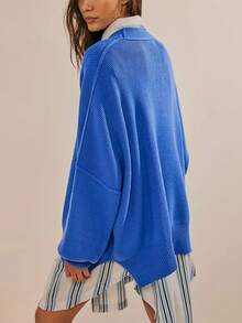Women's Plus Size Crew Neck Dropped Shoulder Long Sleeve Loose Knit Sweater, Autumn/Winter - Blue - View 2