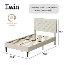 HOMBCK Upholstered  Bed Frame With Headboard, Linen Platform Bed  Frame With Wooden Slats Support,Twin/ Full/ Queen/ King,Pink/ White/ Blue/ Light Grey/ Dark Grey/ Black/ Cream - 奶油 - 查看 7