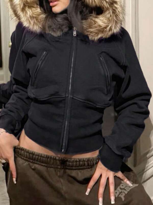 Vintage Waist Slim Hair Collar Hooded Sweatshirt Y2k Aesthetic 2000s Zipper Jacket Casual Coat Autumn Winter Outerwear