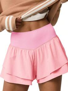 Fisoew Absorbs Sweat Breathable High Waisted Sports Shorts Sweater Shorts Sleek Style Ruffle Tiered Running Shorts With Built In Shorts Y2K Tennis Workout Shorts Clean Girl Coquette Aesthetic Summer Streetwear - 粉色 - 查看 1