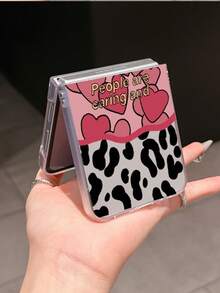 1pc Minimalist Matte PC Material Leopard Print Heart Slogan Foldable Phone Case, Protective And Anti-Drop, Compatible With Samsung Galaxy Zflip 3/Zflip 4/Zflip 5/Zflip 6/Zflip 7/ Razr 50 Ultra/ Razr 60 Ultra/ Razr 60/ Razr 50/Galaxy Z Flip7 FE - Pink - View 4
