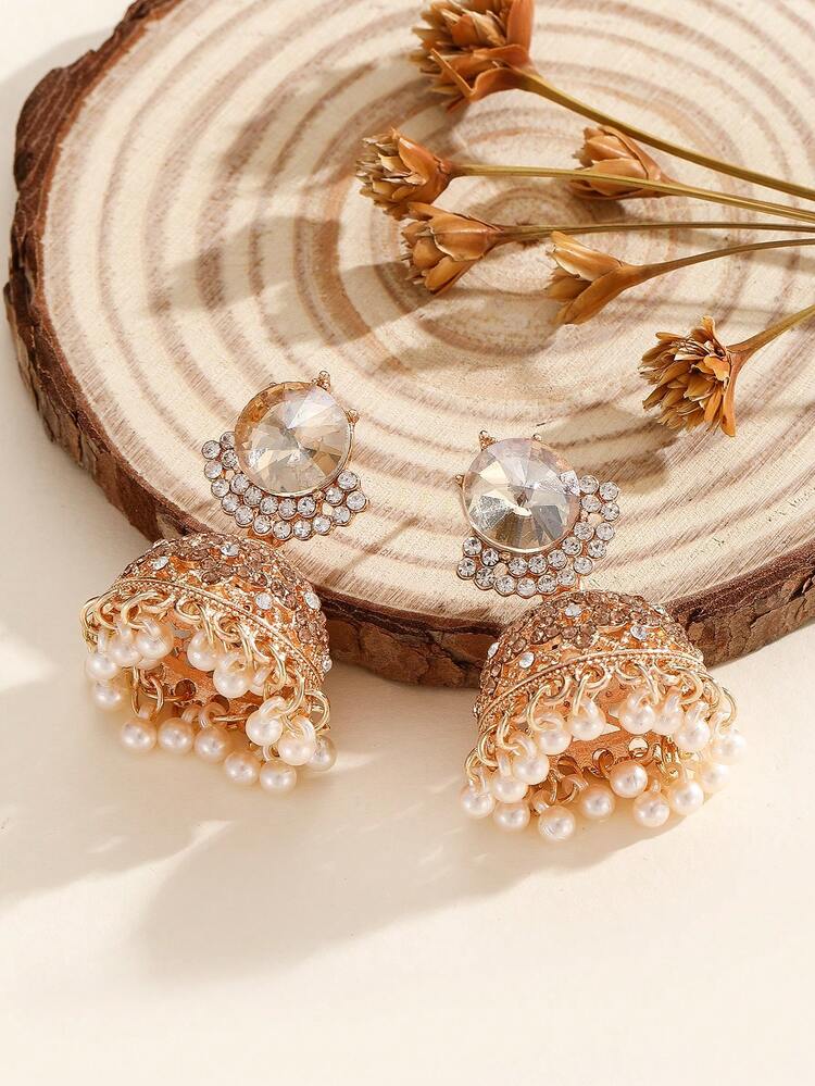 1 对奢华耳环，优雅的水晶莱茵石仿珍珠流苏耳环，迷人的宝莱坞 Jhumki，适合女性和女孩日常佩戴、节日、婚礼和派对/珠宝礼物 - 多色 - 查看 5