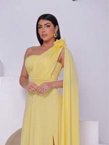 Women's Long Party Dress 3D Flower One Shoulder Cape Lined Cup Side Slit Simple Elegant Cloth Party Dress Wedding Party Graduation Prom Wedding Guest - 黃色 - 查看 9