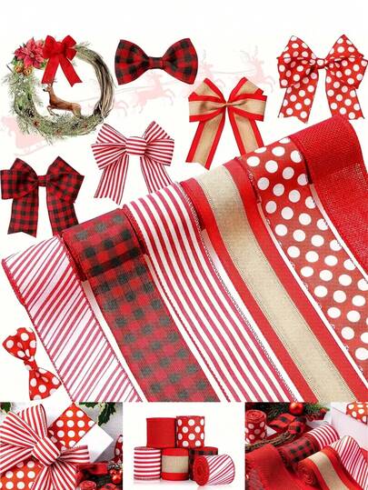 1/6 卷圣诞丝带套装用于礼品包装，共 30 码，2.5 英寸经典风格涤纶丝带，带有线边缘，适用于工艺品、花环和节日装饰 - 多功能且可重复使用的圣诞节。