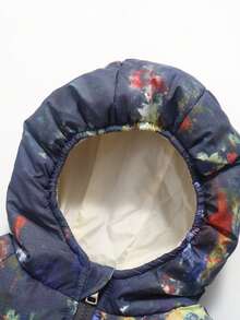 1 pieza Abrigo acolchado de algodón con capucha elástica de color azul marino y multicolor para niños, Parka de algodón de longitud media para niños y niñas, Chaqueta con cremallera para niños, Ropa de algodón para niños pequeños