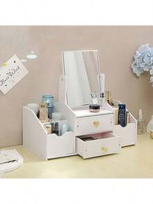 Swivel Dormitory Dresser, Student Dormitory Dresser With Makeup Mirror, Small Makeup Storage Table, Desktop Storage HD Makeup Mirror, Large Capacity Multi-Layer Organizer, Suitable For Home, School. - 白色方鏡 - 查看 3