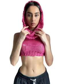 Women Knitted Hoodie Sweater Vest Sleeveless Hollow Out Hooded Crop Top Streetwear Rave Oufit - 玫紅色 - 查看 3
