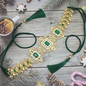 1 st guldfärgad marockansk kaftanbälte från Mellanöstern, handgjord vävd tofsrep, justerbar längd arabisk brudmantel midjekedja