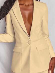 2pcs Women Solid Color Long Sleeve Blazer Jacket And Pants Suit Set - Khaki - View 3