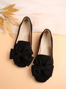 Women's Bow Square Toe Wide Fit Ballerina Flats, Comfortable Slip-On Loafers, Elegant For Spring/Summer Everyday, Office, Commuting, Black Wide Width Shoes