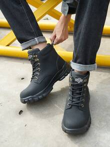 Men's Solid Color Classic High Top Plain Toe Steel Toe & Puncture Proof Safety Boots, Comfy Non Slip Durable Lace Up Work Shoes, Men's Constructional & Industrial Footwear - Black - View 8