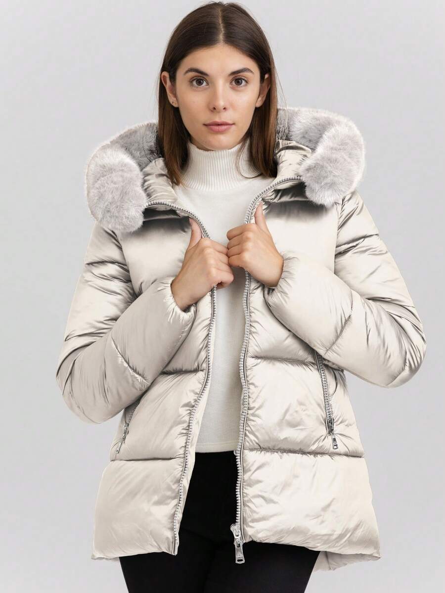 Plain    Casual    Zipper  Pocket  Contrast Faux Fur