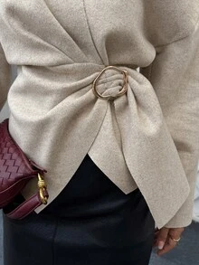 Women's Drop Shoulder Long Sleeve Metal Buckle Wrap Waist Woolen Coat - Apricot - View 3