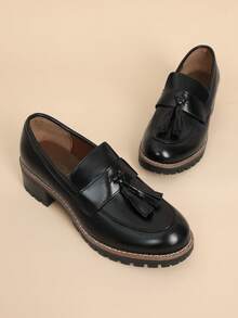 Women Loafers Slip On Platform Chunky Heel Dress Work Business Casual School Preppy Loafers Autumn Shoes - 黑色/PU - 查看 5