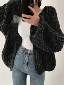大码女式休闲宽松针织开衫毛衣，优雅纯色大码开襟长袖毛衣外套，适合日常穿着，秋冬黑色 - 黑色 - 查看 4