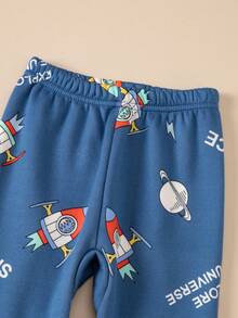 2件套男童加厚保暖内衣套装，蓝色火箭卡通印花睡衣，秋冬保暖家居服