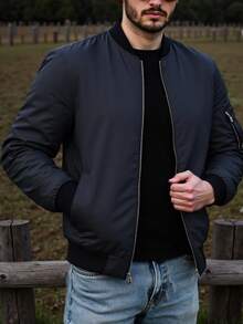  Men's Bomber Jacket Lightweight Casual Windbreaker Zip Up Coat With Pocket - 黑色 - 查看 1