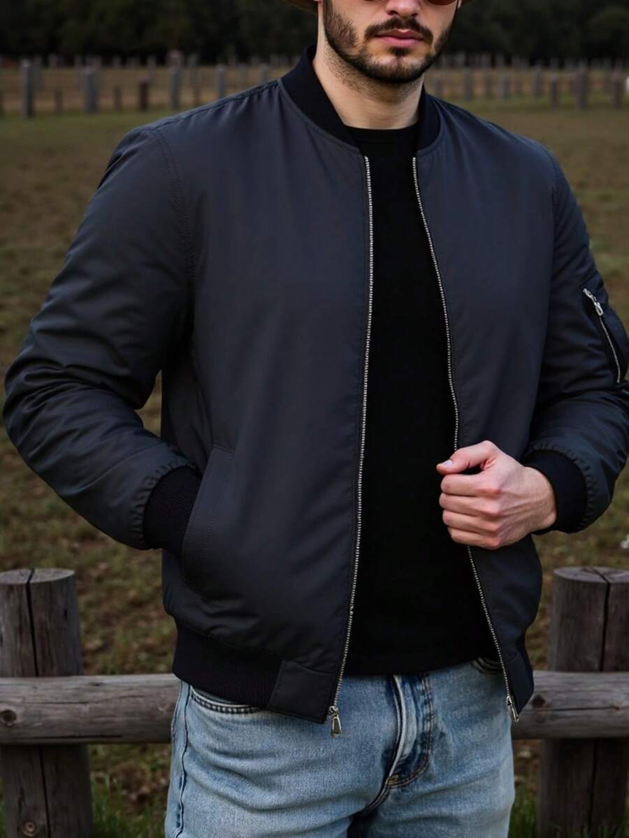  Men's Bomber Jacket Lightweight Casual Windbreaker Zip Up Coat With Pocket - 黑色 - 查看 1