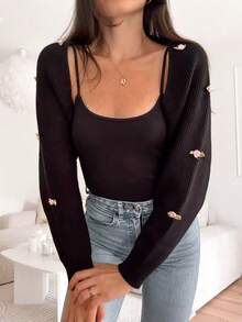 GIGOGOU 秋冬黑色粗针织 3D 刺绣花卉长袖开衫女式开衫，时尚百搭，优雅短款套头衫，适合通勤、情侣约会、度假、派对