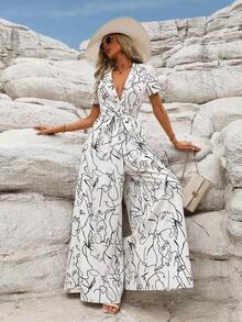 Elegante Monos y Palazzos De Mujer Con Estampado De Grafiti,Mono De Manga Corta Con Botones y Cinturón - Blanco - Ver 4