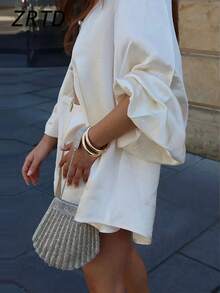 Women Elegant Solid Color Loose Lantern Sleeve Blouse And Shorts Set Spring Summer - Apricot - View 5