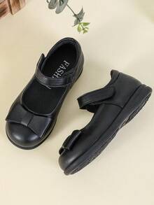 1 Pair Fashion Solid Color Bow Round Toe Hook And Loop Flat Shoes, Comfortable & Soft, Suitable For School, Commuting, All Seasons - Black - View 2