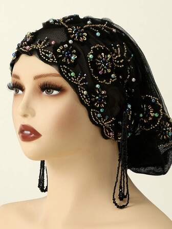 1 Piece Lace Bead Muslim Headscarf, Fashionable And Versatile, High-Quality Handcrafted, Breathable And Comfortable, Suitable For Wearing In Various Occasions.