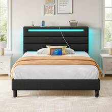 GREENSTELL Modern Platform Bed Frame, Twin/Full/King/Queen Size Bed Frame * Upholstered Headboards, With LED Lights & USB Charging Station, Easy Assembly, Bedroom Decor - 黑色 - 查看 6