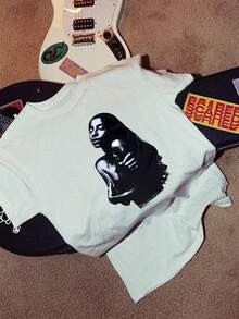 Women's Loose Street Style Vintage Pop Fun Portrait Print Short Sleeve T-Shirt, Streetwear, Tops - White - View 8