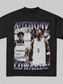 Anthony Edwards Newspaper Graphic T-Shirt  Y2K Vintage Basketball Rap  Premium Heavyweight Shirt For Men & Women Funny T Shirts  Vintage Shirts Graphic Tees T Shirt Men Halloween Fgift,Printed & Shipped In USA - 黑色 - 查看 1