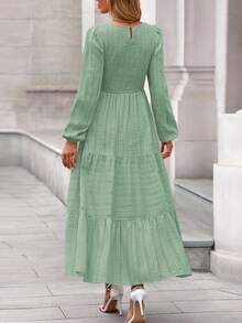 Womens Long Sleeve Fall Dresses Casual Crew Neck Smocked High Waist Tiered Flowy Maxi Dress With Pockets - 淺綠色 - 查看 2