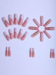 24片长方形亚克力美甲贴纸，白色粉末扎染3D立体凝胶金色仿珍珠美甲，适合女性和女孩，美甲沙龙可爱法式假指甲，包含1片果冻凝胶，1片指甲抛光条美甲用品 - 彩色 - 查看 3