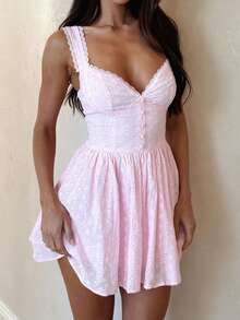 Women's Summer Mini Dress Stylish Solid Lace Trim Flower Embroidered Hollow Details Sleeveless V Neck A Line Dress - Hồng - Xem 4