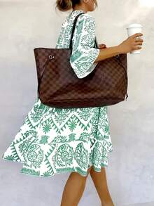 Damen Lässig Urlaubs Kleid mit Allover-Muster und Glockenärmeln - Grün - Übersicht 3