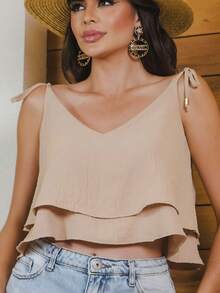 Alicie Women's Blouse With Straps, Ruffled V-Neck, Cropped - 卡其色 - 查看 1