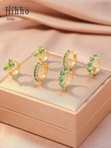 Hihho 6 件/套迷人时尚闪亮绿色锆石镶嵌五瓣花耳环和心形锆石镶嵌经典单排环状耳环，奢华珠宝耳环礼物，优雅魅力金耳环搭配日常服装 - 綠色 - 查看 4
