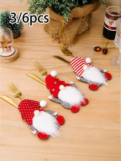 3/6pcs Christmas Table Setting Decorations With Gnome & Snowman Faceless Knife And Fork , Red & White Polka Fabric Protective Covers & Spoon Holder - Festive Cutlery Holders For Home & Restaurant Use, Durable Fabric Material, Easy-Clean Holiday Tableware (Knives/Forks Not Included) - Ideal For Christmas Parties & Everyday Dining - Adorable Gnome Characters With White Pom-Poms & Red Scarves, Seasonal Table Decor, Party Planners, Christmas Decor