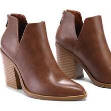 Women's Slip-On Ankle Boots – Cutout Pointed Toe Chunky Mid Heel Booties For Casual, Work & Daily Wear - 棕色 - 查看 3